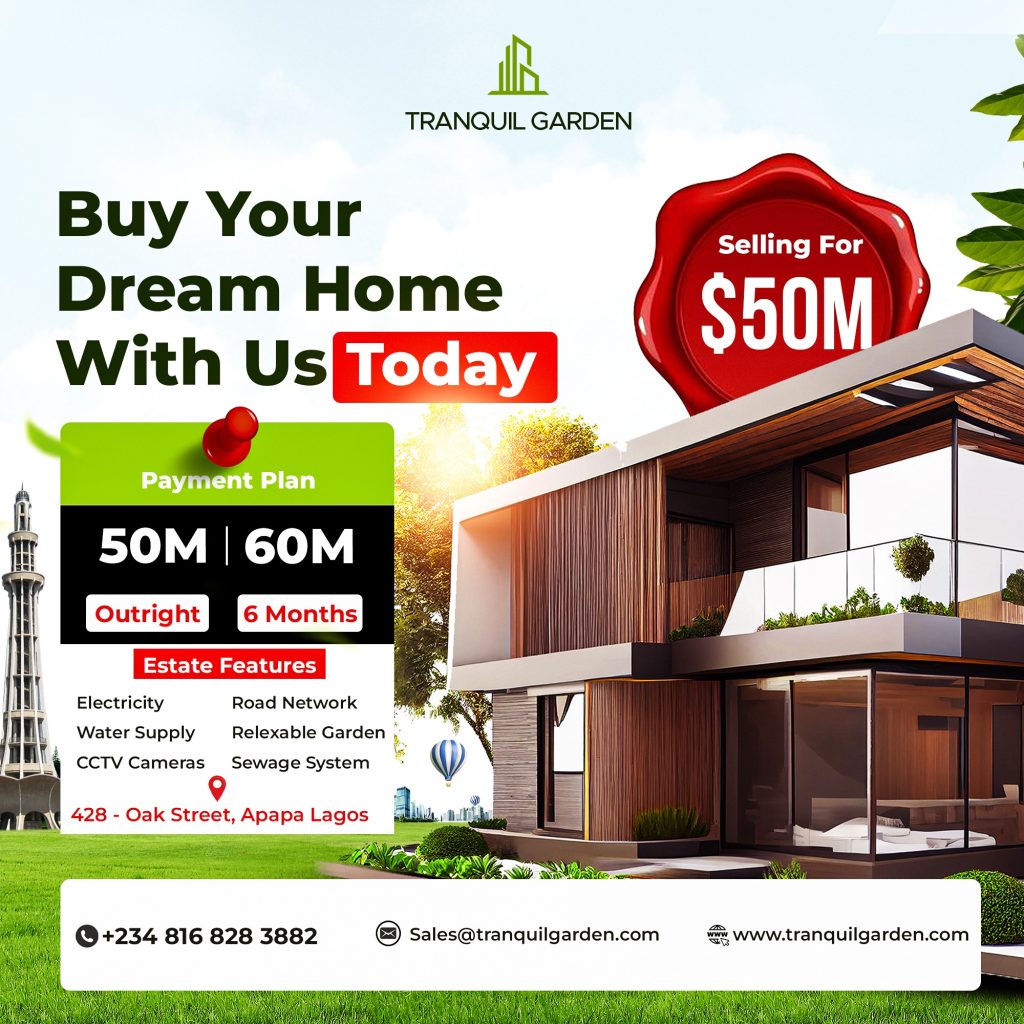 Modern two-story house advertisement for a dream home, featuring payment plan options and estate features, located at 428 Dak Street, Apapa Lagos.