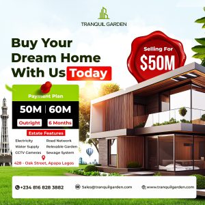 Modern two-story house advertisement for a dream home, featuring payment plan options and estate features, located at 428 Dak Street, Apapa Lagos.