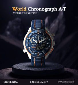 Close-up of a blue and silver Citizen World Chronograph A-T watch, featuring atomic timekeeping, displayed on a pedestal.