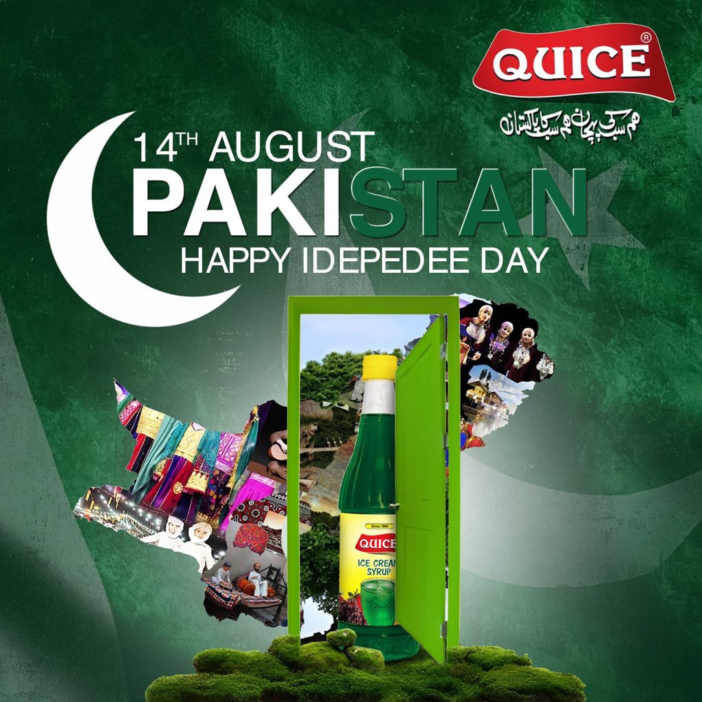 Green graphic celebrating Pakistan's Independence Day, featuring a bottle of Quice sauce and images of Pakistani culture.