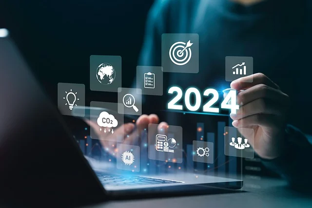 A professional engaging with a futuristic digital interface showcasing "2024" alongside various business icons, representing the innovative strategies of a leading digital marketing company in Pakistan, Islamabad.