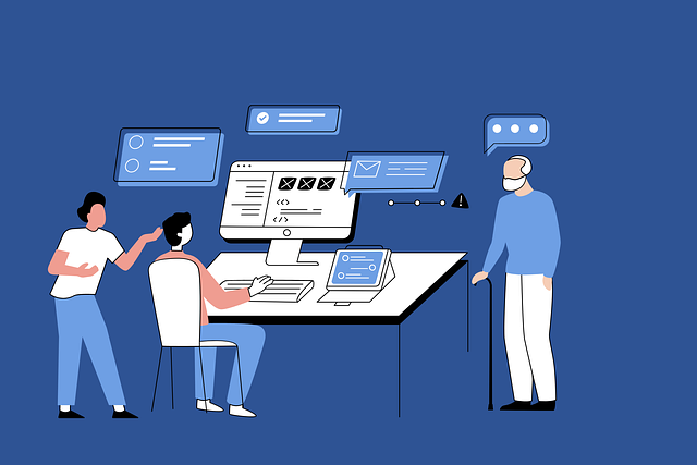 Vector illustration of a team working with desktops, representing collaboration in website development and programming