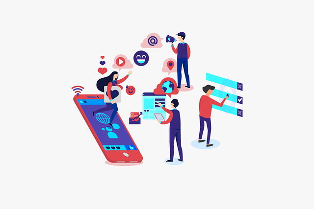 Illustration of diverse people using smartphones, interacting with social media elements like emojis, comments, and content creation, showcasing the role of the best digital marketing services in Pakistan in boosting engagement and brand visibility.
