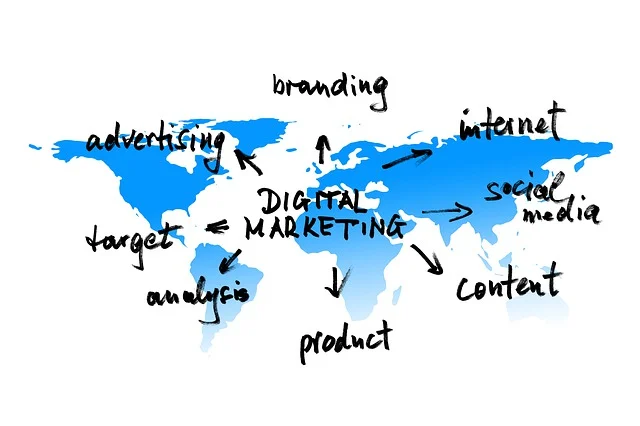 A world map highlighting digital marketing components like SEO, social media, and PPC shows global strategies. Partner with the top Digital Marketing Agency in Pakistan for expert, tailored solutions.