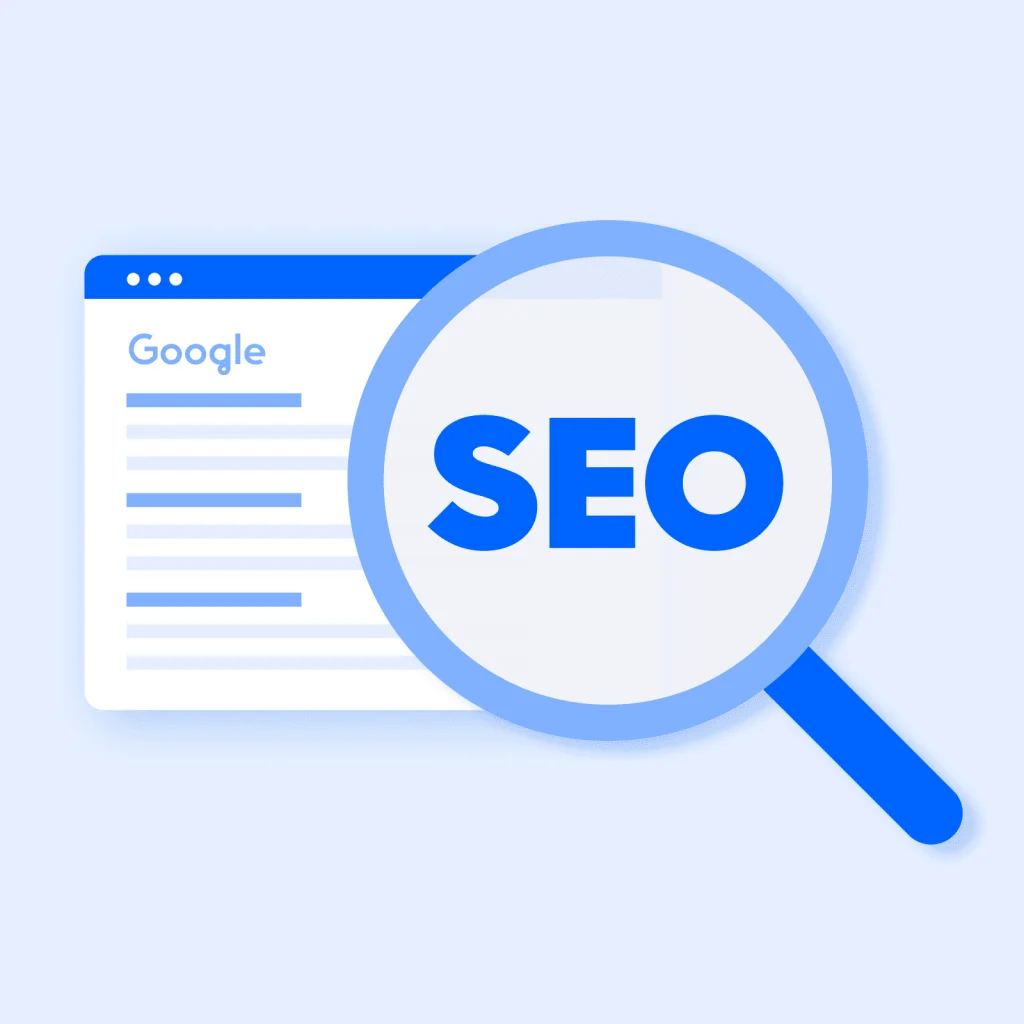Magnifying glass icon with the text SEO, representing search engine optimization.