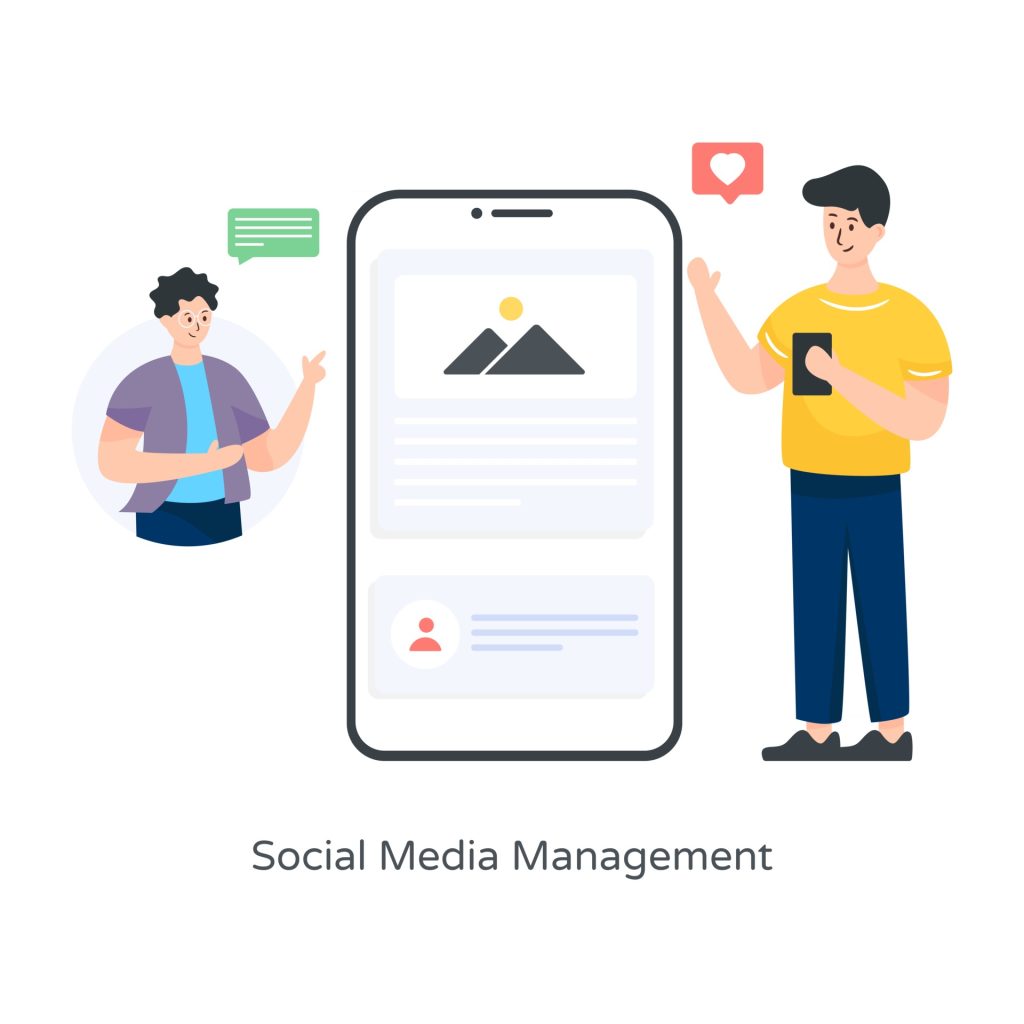 Vector illustration of a mobile phone with two boys on either side, symbolizing collaboration and engagement in social media management