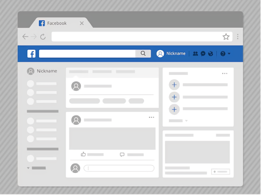 Mockup of a Facebook Page Management service interface showcasing various sections, including profile, posts, and user actions.