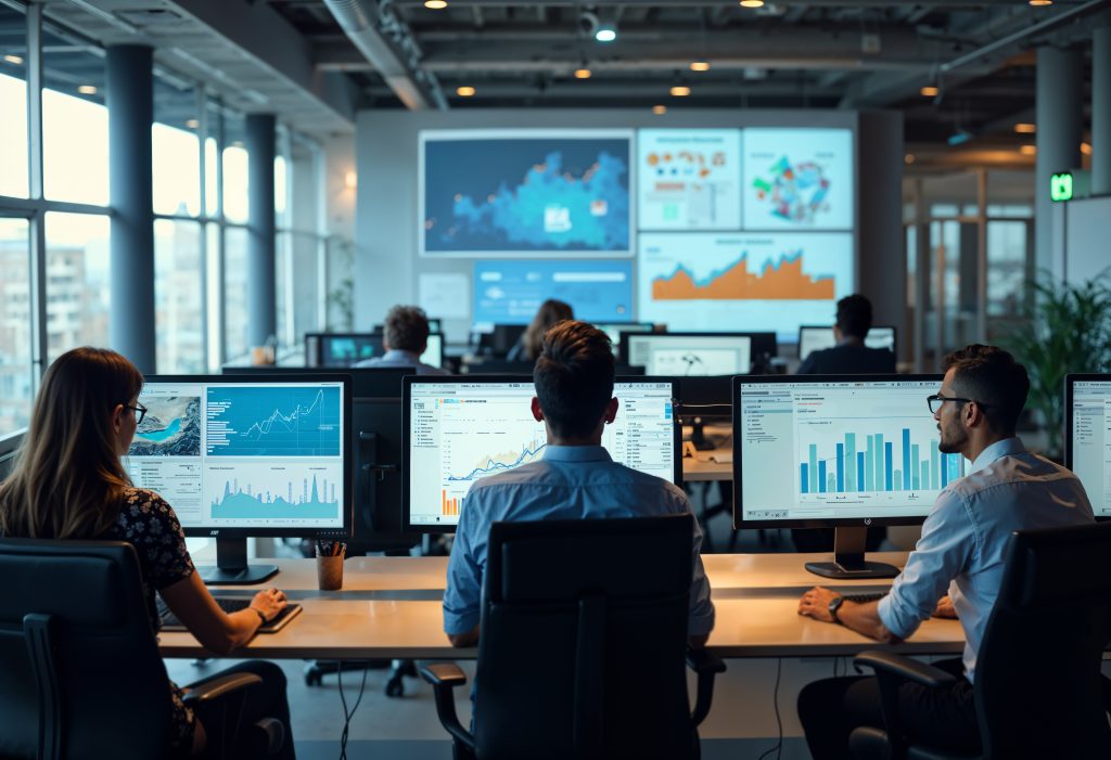 Team of analysts at the best digital marketing agency in Pakistan working on computers with data visualizations on large screens.