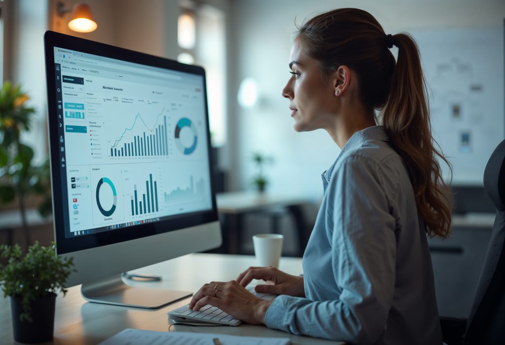 Woman analyzing charts and graphs on a computer screen at a Digital Marketing Agency in Islamabad.